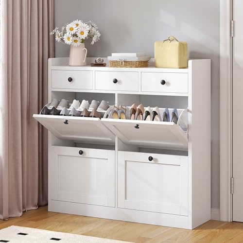 YITAHOME Schuhschrank mit 4 Klappen, Schuhregal Schuhkipper Schmal, Schuhregal mit 8 Ablageflächen Verstellbar, Schuhkommode Schuhschrank mit Schublade 100 x 25 x 85 cm für den Eingang, Flur (Weiß)