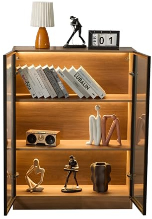 Azkoeesy Glasvitrine mit LED-Beleuchtung, 3 Ablagen, Sideboard, Buffetschrank, Braun, 80 B x 32 T x 106 H cm