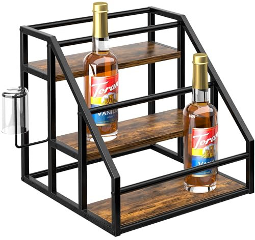 Homedawn Coffee Syrup Rack Organizer, Spice Racks, Syrup Bottle Holder Stand for Coffee Bar, 3-Tier 12 Bottles Storage Shelves for Syrup, Wine, Dressing for Kitchen Countertop, Rustic Brown & Black