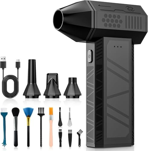 maxtachi Soplador de Aire con luz LED, 3 Velocidades 150000 RPM Eléctrico Aire Comprimido, Soplador de Polvo con batería 6000mAh, Carga Rápida Tipo C, Air Duster para Limpieza PC, Sofá, Teclado, Coche