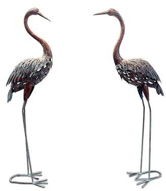 LINZHEN 2 Pack Bronze Crane Metal Garden Statues Outdoor Art, Vintage Heron Bird Lawn Ornaments for Backyard Patio Decorations, Rustic Yard Decor