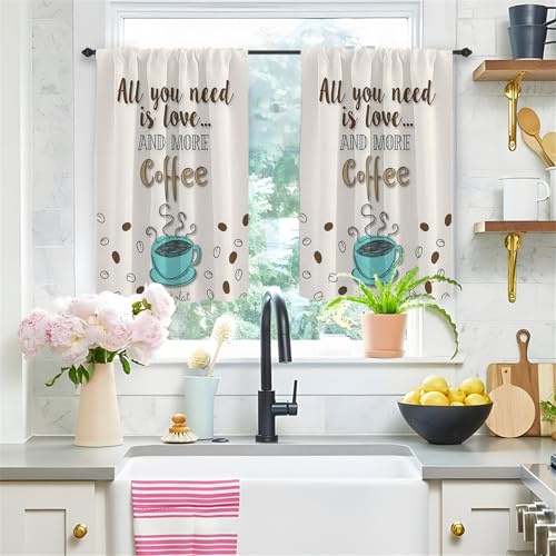 Highdi 2er Set Kurzgardinen Modern für Küche, Küchengardinen Scheibengardinen mit Rod Tasche Fenstervorhang Kurz lichtfilternd Vorhänge für Kaffeehaus (Türkisfarbener Kaffee,90 * 60cm)