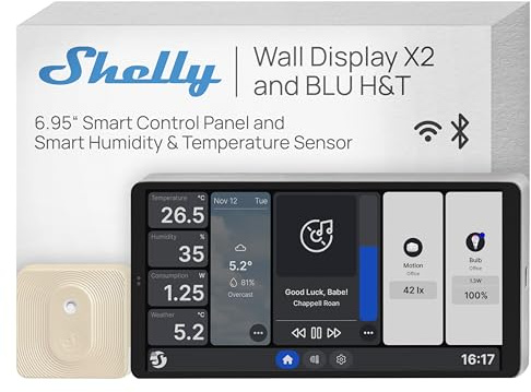 Shelly Wall Display x2 Silver + BLU H&T Elfenbein (Bundle) - WLAN-Smart-Home-Bedienfeld, Thermostat, Integriertes 5A-Relais, Neutralleiter Erforderlich, Umweltdaten, Steuerzentrale, Alexa & Google