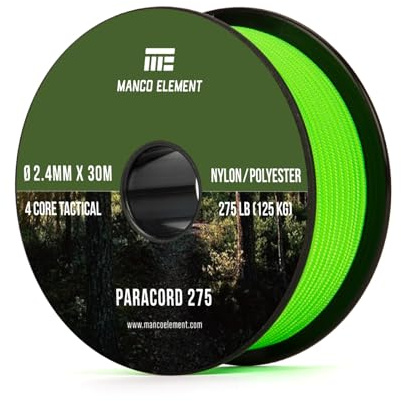 Manco Element 2,4mm Paracord 275lb 30m Schnur Seil - 4 Kern, Nylon & Polyester, UV & Abriebfestigkeit - Neongrün