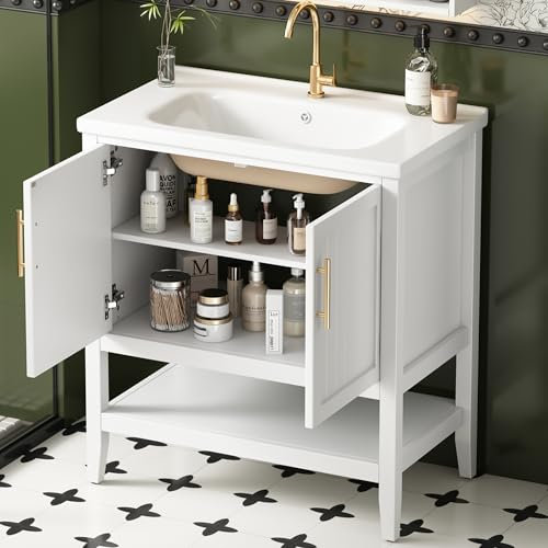 A ALFRESCOOL Mobile da bagno singolo lavabo moderno con mobiletto da 80 cm, bianco, lavabo in ceramica, impermeabile, piedini antiscivolo, facile da montare
