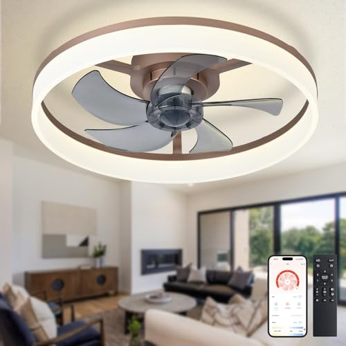 Depuley Ventilador de techo LED con luz: ventilador moderno de perfil bajo de 20 con mando a distancia para aplicaciones - Lámpara regulable con ventilador sin aspas marrón para dormitorio