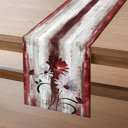 AwzyGous Tischläufer Weihnachten Boho Blumen in Rot Tischläufer Modern Weiße Gänseblümchen Schwarze Blätter Schmetterling Küche Tisch Dekoration für Weihnachten Drinnen Urlaub Party Dekor 40x180 cm