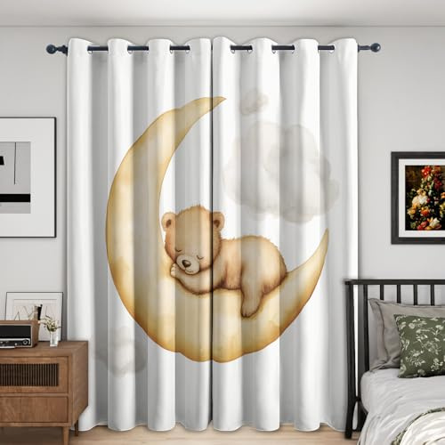 Generisch Blickdichte Vorhänge Kinder Cartoon Bär Muster, H 200 x B 140 2er Set - Kinder Mond Fenster Gardinen mit Ösen, 200 cm Lang Curtains Wohnzimmer Schlafzimmer Deko OL162