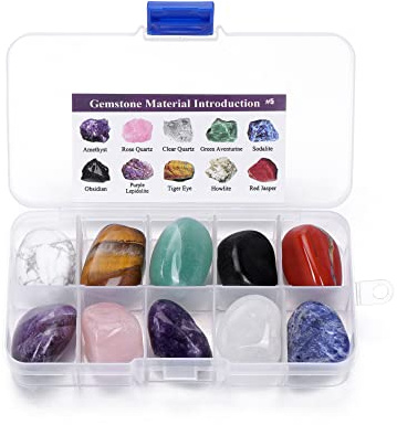JSDDE Lot de 10pcs Pierres et Cristaux Naturelles pour Lithotherapie 10 Types Pierres Précieuses Roulées Irrégulières Collection Cristal de Roche Minéral Reiki Guérison Chakra Méditaion 2-3cm en Boîte