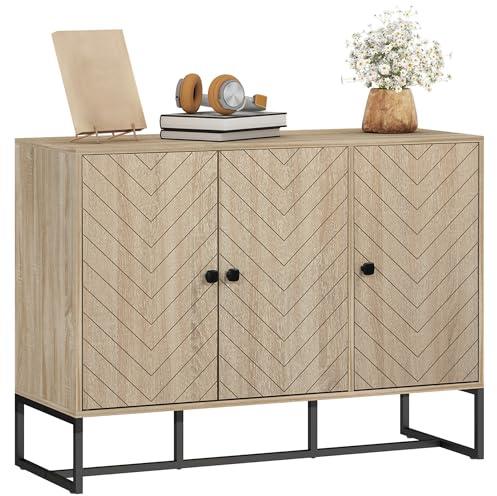 HOMCOM Aparador de 3 Puertas con Diseño Chevron, Aparador de Salón con Estantes Ajustables, Patas de Metal, para Cocina, Entrada, Dormitorio, Roble, 108x40x80 cm