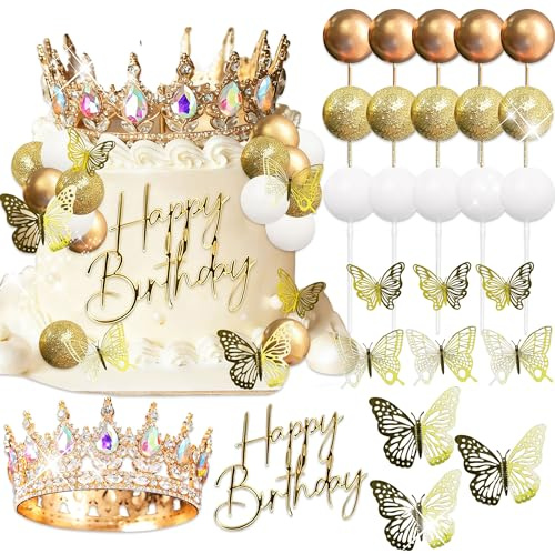 Golden Crown Cake Topper Gold Balls Cake Decor Crown Birthday Golden Butterfly Sign for Birthday Baby Shower