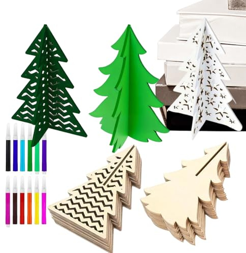 Julgranar i trä för | 3D oavslutad växtsilhuett dekoration - 48 stycken DIY trätrimning med färgglada markörer set - för barn och vuxna jul