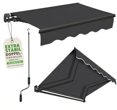 Sekey Gelenkarmmarkise 250x200 cm mit Handkurbel, 0-53° stufenlos neigbar, Doppel-Stahlseilzug, 280g/m² Polyester wasserdicht, Sonnenschutz, UV-Schutz, Markise für Balkon, Terrasse & Garten, Anthrazit