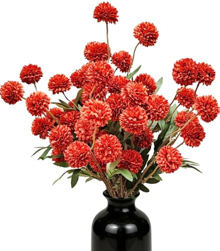Kinisty 8 Stück Kunstblumen Chrysanthemen Künstliche Blumen wie Echt mit 52 cm Langen Stielen, Rote Seidenblumen Pompon Hortensien Fake Pflanzen für Draußen Zuhause Hochzeit Tischdeko Vase
