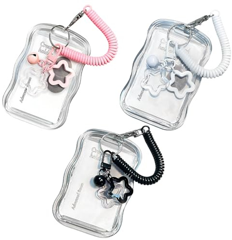 3 Stück Photocard Holder Keychain Set, Ausweishalter & Fotokartenhalter mit Schlüsselanhänger und Ausziehbarem Springseil, ID Card Holder & Kartenhülle für Idol Photos und Buskarten, Weiß Schwarz Rosa