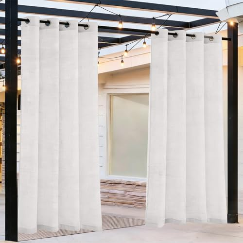 GYHH Outdoor Vorhang für Terrasse Wasserdicht, 2 Stücke Leinen Outdoorvorhänge mit Ösen, Pavillon Sichtschutz & UV-Schutz für Veranda, Pergola, Garten (White,H213 x B132 cm (2er Pack))