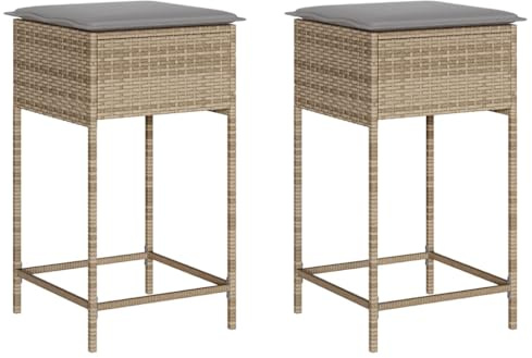 Mhdvray 2er Set Garten-Barhocker aus Poly Rattan mit Sitzkissen Beige Barstühle für Terrasse und Balkon Outdoor Tresenhocker mit Stahlrahmen 40x40x76 cm Sitzhöhe 76 cm