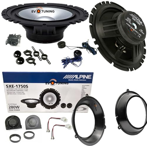 EvoTuning Kit Casse Altoparlanti Anteriori per Fiat Panda 2 169 dal 2003 al 2011 compatibile con Alpine Sxe1750S, Set 2 woofer +2 tweeter +2 Anelli 2 Griglie Tw e Cavi Adattatori (No plug and play)