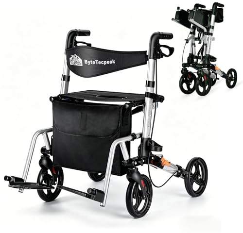 Déambulateur 2en1 Fauteuil roulant Léger,ByteTecpeak(R3-Argent) | Structure Aluminium Légère et Résistante, Siège Confortable, Repose-Pieds Rabattables, Roues Tout Terrain, 150 kg
