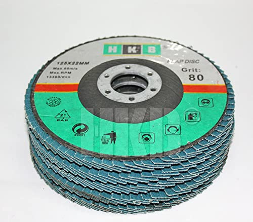HKB ® 5 Stück Fächerschleifscheibe Korn 80, Schruppscheibe, Schleifmop, 125x22mm, blau, Zirkon,für Edelstahl, Metall, INOX, für Flex und Winkelschleifer, Hersteller HKB, Art-Nr. 50086