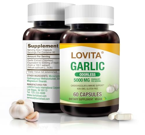 LOVITA Odorless Garlic Capsules, 5000mg Fresh Garlic Equivalent, 1.25% Allicin Extract, Supports Heart, Blood Pressure, Cholesterol & Immune System, Non-GMO, Gluten-Free, 60 Vegan Capsules