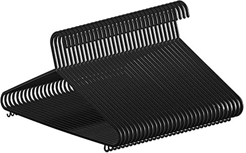 K-ONE Adult Black Coat Hangers Strong Plastic Clothes with Suit Trouser Bar and Lips (37cm Wide) (25 Pack)