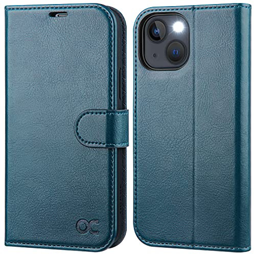 OCASE Handyhülle iPhone 13 Mini Hülle [Premium PU Leder] [Standfunktion] [Kartenfach] [Magnetverschluss] RFID Schutzhülle Klapphülle Lederhülle Tasche Etui Kompatibel für iPhone 13 Mini Pfauenblau