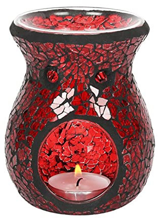 Red Crackle Glass Oil Burner- Small, Lustre Mosaic Wax Melt Burner Single Tea Light Candle Holder Aroma Gift Lamp, for Women Men