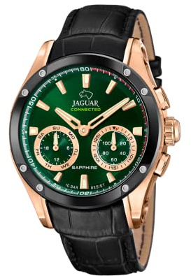 JAGUAR Uhr Smart Herren Hybrid aus Leder Schwarz | Connected, Wasserdicht 10 ATM, J959/2, Musiksteuerung, Schrittzähler, Anruf-Info & -Ablehnung, Grünes Zifferblatt