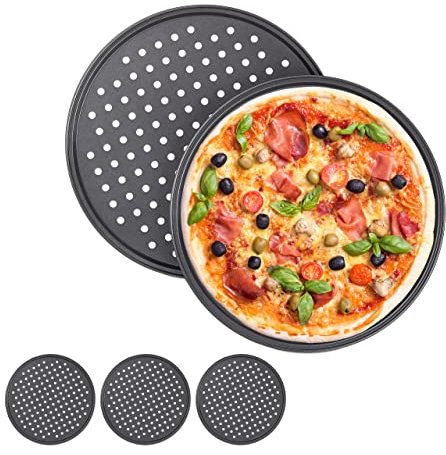 Relaxdays Pizzablech, 5er Set, rund, gelocht, antihaft, Pizza & Flammkuchen, Stahl, Knusperblech, ∅ 29,5 cm, anthrazit