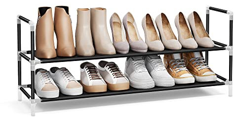 SONGMICS Schuhregal mit 2 Ebenen, Standregal, Schuhaufbewahrung, platzsparend, Metallrahmen, Vliesstoff, für Wohnzimmer, Eingang, Flur und Garderobe, schwarz LSH052B01