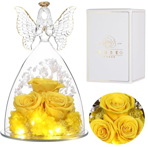 Eaprala Tre rosor i glas ängelfigurer, födelsedagspresenter för kvinnor, äkta rosblommor bevarade, ängelgåvor till henne på jul, alla hjärtans dag, mors dag. Gul