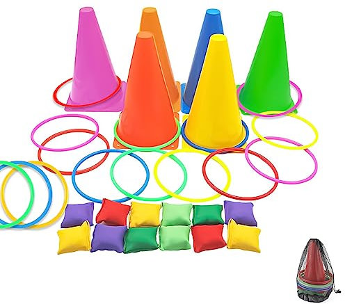 36 Stück Ringwurfspiel 3 in 1 Karnevalskombinations Wurfspiel mit Sitzsäcken Kunststoffreifen Kegelmarkern und Tragetasche Sackhüpfen Outdoor Spiele für Kinder