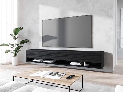 MINIO go for it - Meuble TV Lowboard 100x30x33cm, Portes et étagères | Panneau stratifié à niches ouvertes Pratique et Fonctionnel Graphite Noir / Motif Ondulé