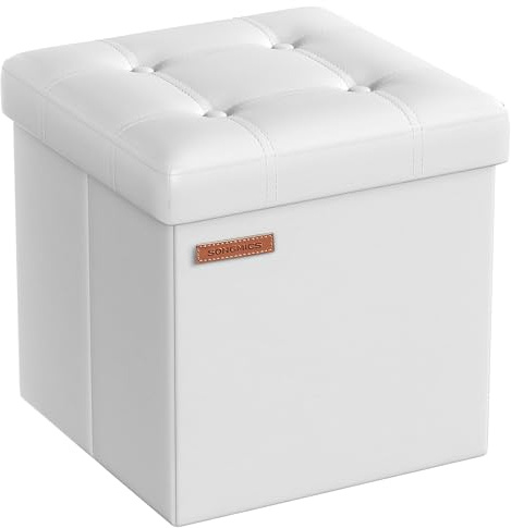 SONGMICS Sitzhocker 38 cm, faltbar, mit Deckel, PVC-Leder | Aufbewahrungsbox, Fußhocker, bis 300 kg belastbar, für Eingang, Wolkenweiß und Tintenschwarz, MINOTA Kollektion LSF030W11