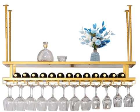 whalebee Weinglashalter Metall Weingläser Halter, Hängendes Weinglasregal 80cm 100cm 120cm 150cm Weinglashalter Abtropfgestell Höhenverstellbar Starke Tragfähigkeit Für Bar, Küche, Gold