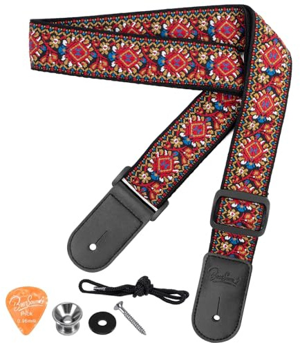 Ukulele Strap, BestSounds Jacquard Weave Adjustable Uke Mandolin Shoulder Straps for Adult & Kids, Ukulele Button Accessories (Red)