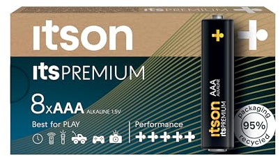 ITSON, Batterien AAA, 8 Stück, leistungsstarke Alkaline Batterien, 1,5V, umweltfreundliche Verpackung 95% recycelt, Made in EU, ideal für Spielzeug, Kameras, Spielcontroller und Haushalt