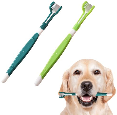 2 Stück Hundezahnbürste,Langem Griff Hundezahnbürste,Katzen Zahnbürste,Dreiköpfige Haustierzahnbürste,360-Grad-Reinigung Des Mundes,Komfort und Haltbarkeit,für Die Zahnreinigung Von Hunden und Katzen