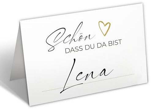 Hochwertige Tischkarten für die Hochzeit – Geburtstag – Konfirmation - Namenskarten, Platzkarten (Schön dass du da bist - Gold, 25)