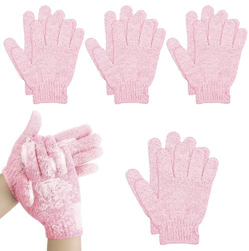 Biiange 4 Pairs Bath Gloves, Body Scrub Mitts, Shower Scrubber Gloves for Shower Spa Massage & Body Scrub for Women Bath Spa Accessories (Pink, S)