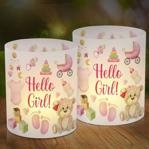 12 Windlicht Tischdeko Hello Girl, Hello Girl Tisch Deko, Rosa Süßer Bär Windlichter Tischdeko, Tisch Dekoration für Mädchen Geburt Babyparty Geburtstag, Fußabdruck Windlicht für Teelichter Kerzen