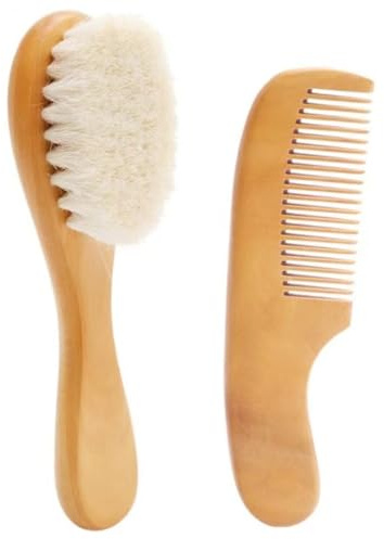 Babybürste Set natürlicher Holzbabypinsel und Kamm Set enthalten Baby Haarbürste und Baby Kamm Weiche Neugeborene Haarbürste mit Griff & Wollborsten Babypflege -Kit Geschenke für Jungen Mädchen, Baby