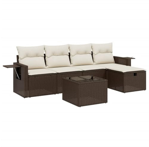 vidaXL Garten Sofa Garnitur 6-TLG., Gartenmöbel Set mit Kissen, Sitzgruppe für Garten Terrasse, Modular Gartensofa Lounge Tisch Hocker, Braun Poly Rattan