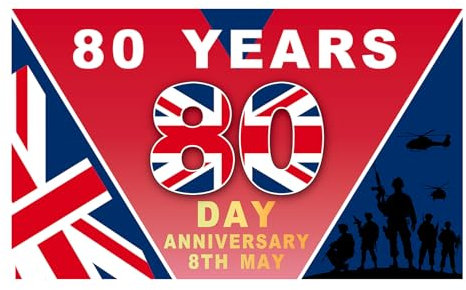 Drapeau de décoration du 80e anniversaire de la Ve Day 2025 - Drapeau britannique en polyester - Rouge, bleu, blanc - Avec œillets - Pour événements royaux - 1,5 x 0,9 m