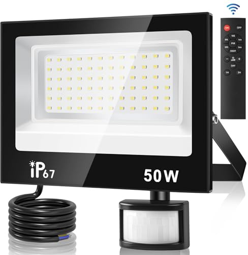 URTBST 50W Led Strahler mit Bewegungsmelder Außen,4 Modi 10 Helligkeitsstufen Einstellbar LED Scheinwerfer mit Fernbedienung,5000LM,7000K Kaltweiß IP67 Wasserdicht Außenstrahler für Garage,Garten,Hof