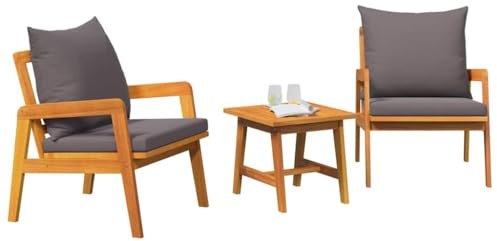 vidaXL Juego de bistró de 3 Piezas en Madera Maciza de Acacia con Cojines Grises Oscuros. Ideal para Asientos en Balcones y Patios. Muebles Modernos y Elegantes: Mesa y sillas de jardín.