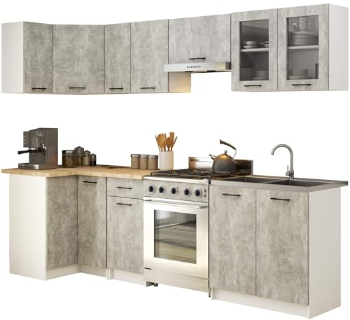 AKORD Küchenmöbel-Set OLIWIA 3.0m Modulares Weiß 300 cm 11 Türen 1 Schublade, Küche Komplett, Kitchen Cabinet Set, Küchenschränke, Standschränke, B300xH203xT46 cm, Weiß & Beton