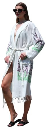 Printed Turkish Towel Bathrobe – Lightweight Cotton Viscose Hammam Robe – Unisex Spa Kimono Style – Quick Dry – S/M/L/XL Sizes (UK, Alpha, One Size, Regular, Regular, 1, LAVENDER)