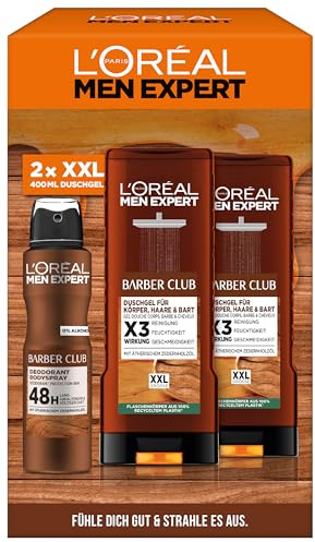 L'Oréal Men Expert Barber-Geschenk-Set für Männer, mit XXL Duschgel und Deo Spray, Mit ätherischem Zedernholzöl, Herren Geschenkset, Barber Club,2 x 400 ml, 1 x 150 ml